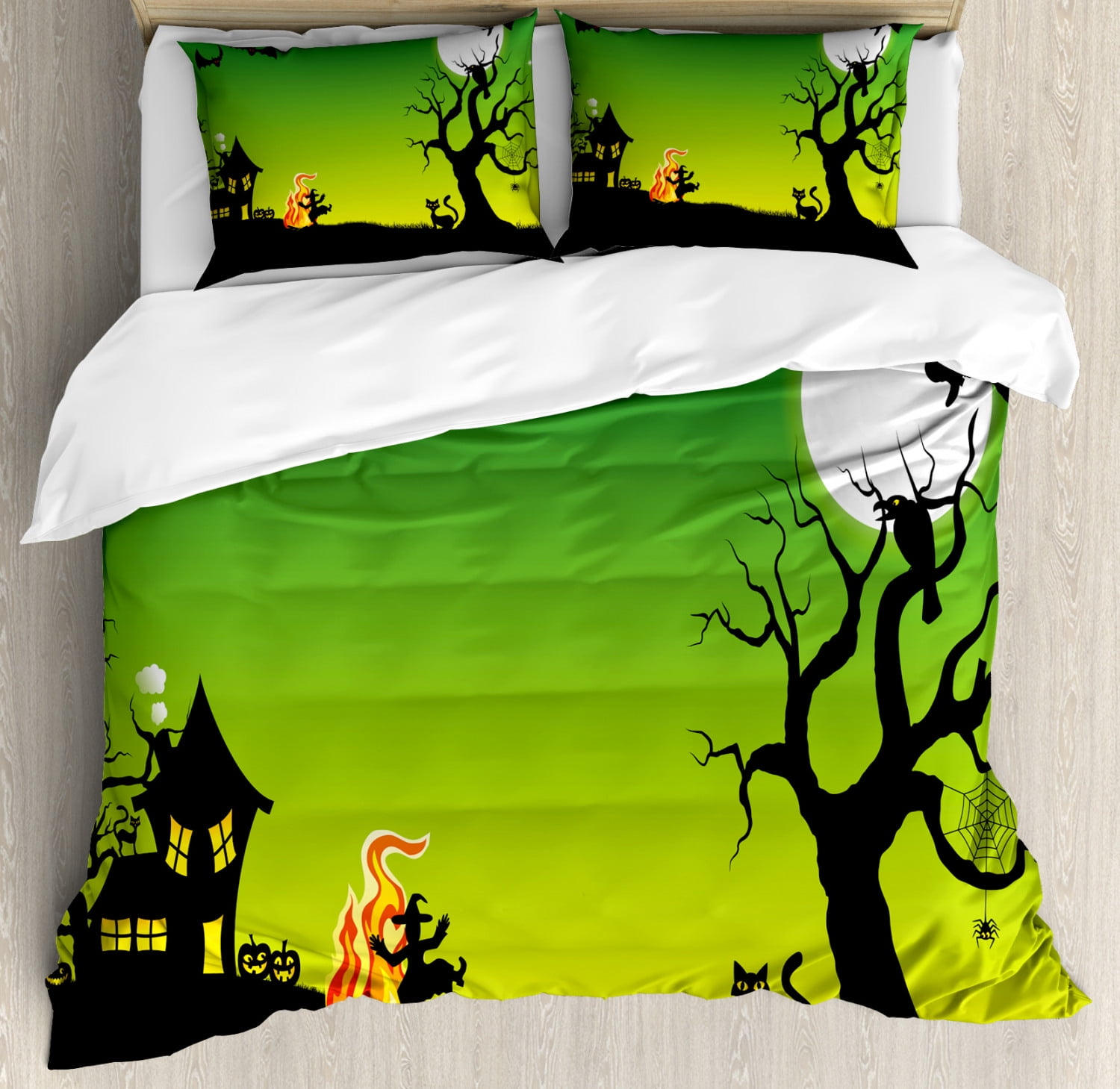 Green and Black Halloween Queen Duvet Cover Set with Pillow Shams