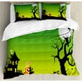 thumbnail image 1 of Halloween Duvet Cover Set Queen Size, Witches Dancing with Fire and Flying at Halloween Ancient Western Horror Image, Decorative 3 Piece Bedding Set with 2 Pillow Shams, Green Black, by Ambesonne, 1 of 3