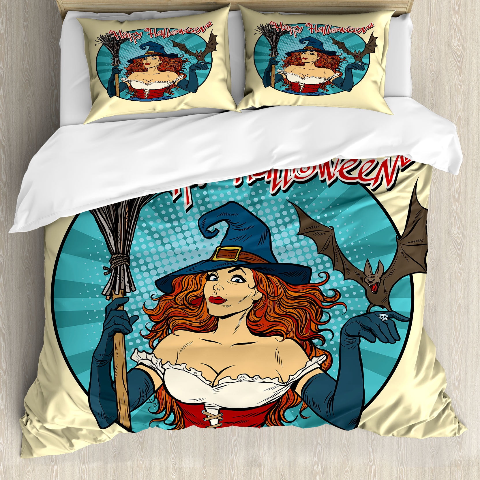 Halloween Duvet Cover Set Retro Pop Art Witch Character with Broomstick and Spooky Bat Decorative 3 Piece Bedding Set with 2 Pillow Shams Queen