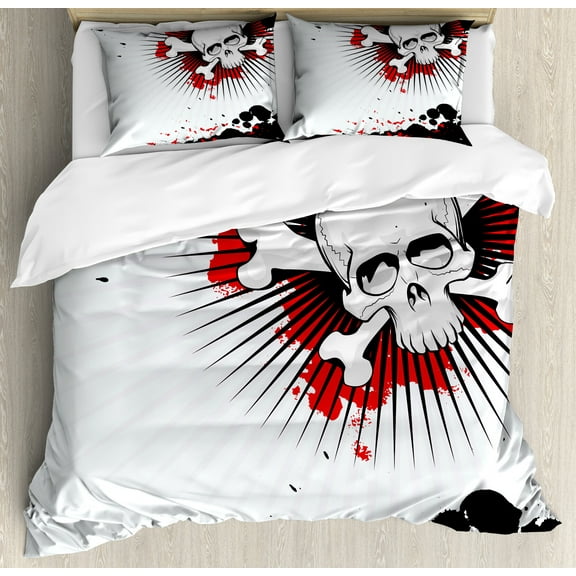 Halloween Duvet Cover Set, Skull with Crossed Bones over Grunge Background Evil Scary Horror Graphic, Decorative 3 Piece Bedding Set with 2 Pillow Shams, King Size, Pearl Red Black, by Ambesonne