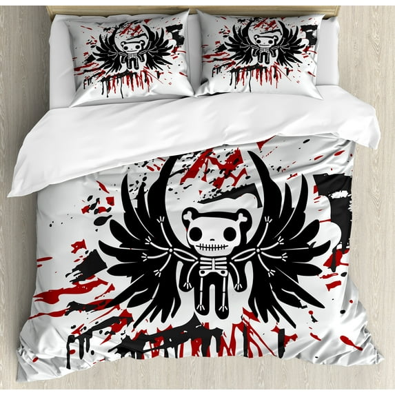 Halloween Duvet Cover Set, Teddy Bones with Skull Face and Wings Dead Humor Funny Comic Terror Design, Decorative 3 Piece Bedding Set with 2 Pillow Shams, Queen Size, Pearl Black Ruby, by Ambesonne