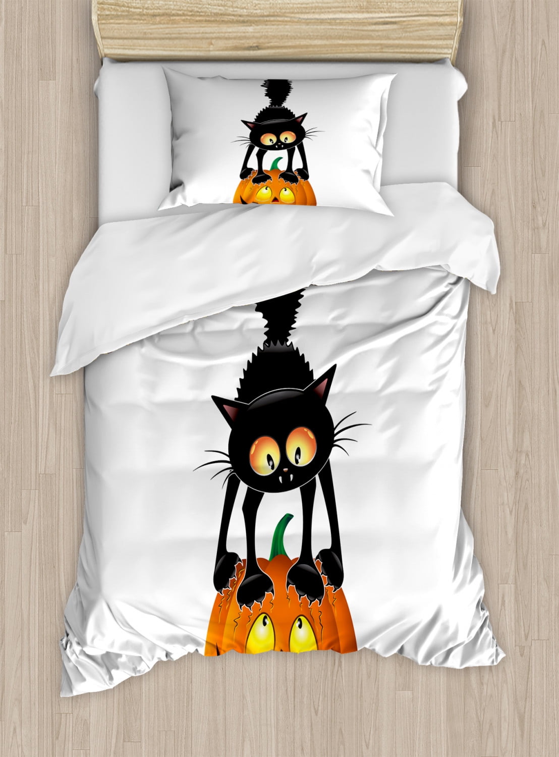 Twin Size Halloween Black Cat on Pumpkin Duvet Cover Set