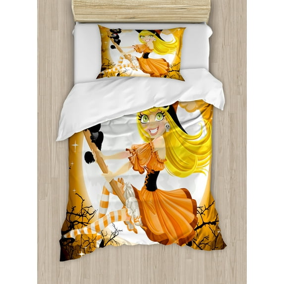 Halloween Duvet Cover Set Twin Size, Cute Sexy Witch on a Broom with Baby Kitten and Hazy Moonlight Halloween Themed, Decorative 2 Piece Bedding Set with 1 Pillow Sham, Multicolor, by Ambesonne