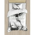 thumbnail image 1 of Halloween Duvet Cover Set Twin Size, Dead Skull Skeleton Out of the Grave and Flying Bat Hand Drawn Spooky Picture, Decorative 2 Piece Bedding Set with 1 Pillow Sham, Black White, by Ambesonne, 1 of 3