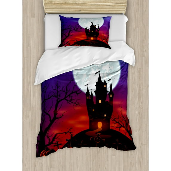 Halloween Duvet Cover Set Twin Size, Gothic Haunted House Castle Hill Valley Night Sky October Festival Theme Print, Decorative 2 Piece Bedding Set with 1 Pillow Sham, Multicolor, by Ambesonne