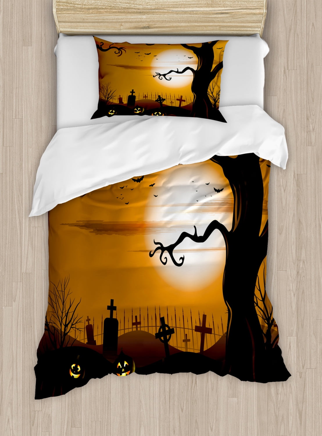 Halloween Duvet Cover Set Twin Size, Leafless Creepy Tree with Twiggy