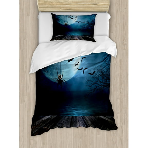 Halloween Duvet Cover Set Twin Size, Misty Lake Scene Rusty Wooden Deck Spider Eyeball and Bats with Ominous Skyline, Decorative 2 Piece Bedding Set with 1 Pillow Sham, Blue Brown, by Ambesonne