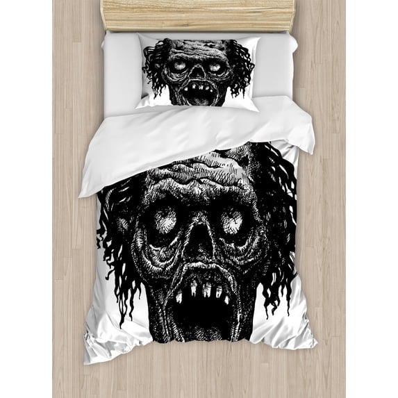 Halloween Duvet Cover Set, Zombie Head Evil Dead Man Portrait Fiction Creature Scary Monster Graphic, Decorative 2 Piece Bedding Set with 1 Pillow Shams, Twin Size, Black Dark Grey, by Ambesonne