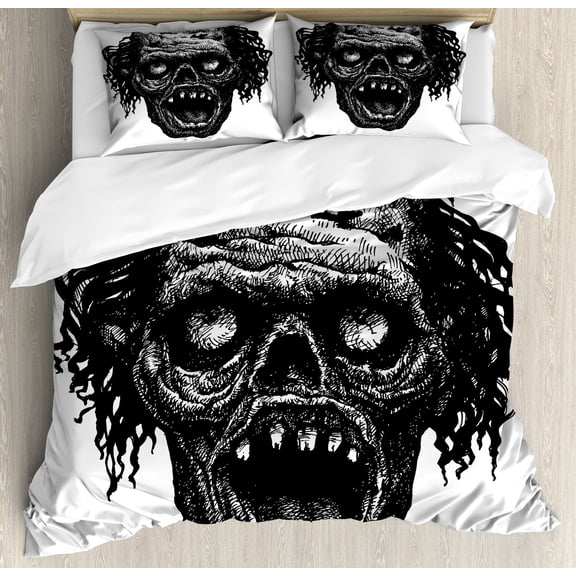 Halloween Duvet Cover Set, Zombie Head Evil Dead Man Portrait Fiction Creature Scary Monster Graphic, Decorative 3 Piece Bedding Set with 2 Pillow Shams, Calking Size, Black Dark Grey, by Ambesonne
