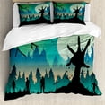 thumbnail image 1 of Halloween Duvet Cover Set, Zombie Silhouettes and an Arm in Idyllic Forest Hill Full Moon, Decorative 3 Piece Bedding Set with 2 Pillow Shams, Calking Size, Charcoal Grey Green and Teal, by Ambesonne, 1 of 3