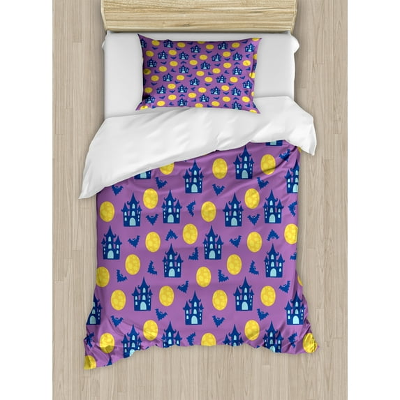 Halloween Duvet Cover Sets, Horror Theme Moons Flying Bats and Castles Haunted House Night, Bedding Set 2 Duvet Covers & 2 Pillowcases, 2 Pack Twin Size, Violet Night Blue and Mustard, by Ambesonne