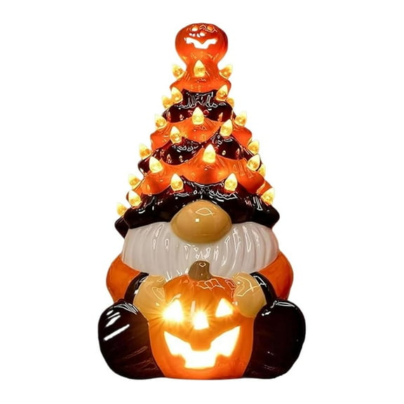 Halloween Dwarf Decoration with Light, 8.5 Pumpkin Ceramic Tree Light-Up Figurine, Orange LED Tabletop Fall Decor for Home, Indoor/Outdoor Halloween Party and Nighttime Display