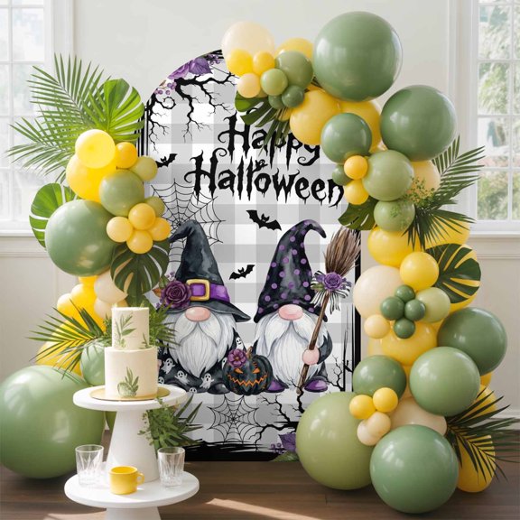 Halloween Dwarf Purple Flower Arch Backdrop Cover Spandex Fitted Arch Cover 6.6FT,Arches Backdrop Stand Covers for Wedding Birthday Party Ceremony Decoration Ghost Pumpkin Bat Dead Tree Check