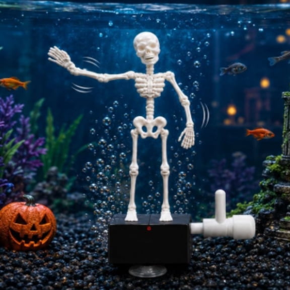 Halloween Dynamic Skeleton Fish Tank Ornament, Bubble-Activated Aquarium Decoration, Flexible-Joint Skull Ornament For Halloween Aquarium Theme Setups