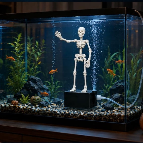 Halloween Dynamic Skeleton Fish Tank Ornament, Festive Aquarium Bubbling Decor, Pump-Operated Swinging Skull Ornament For Saltwater Tank Styling