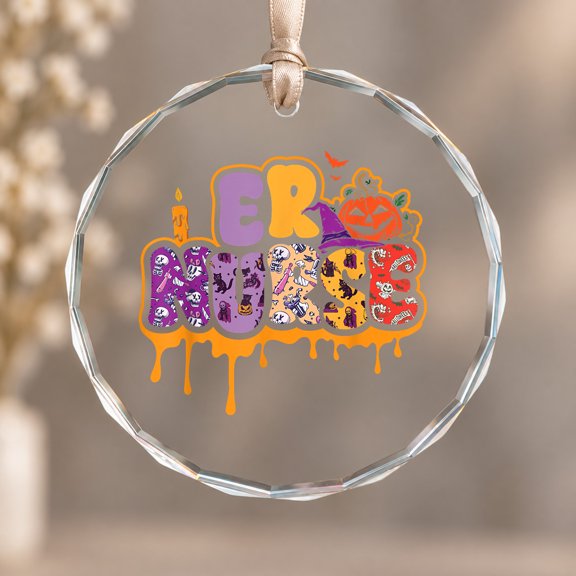 Halloween ER Nurse Gift Emergency Room Department Spooky Theme Ornament, Desk Decor, Circle Glass Ornament