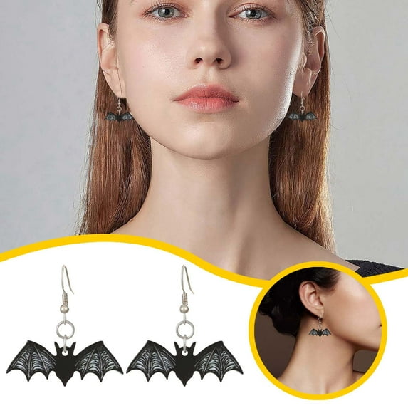 Halloween Earrings for Women Spooky Bat Acrylic Dangle Earrings with Skull Charm, Black Vampire Drop Earrings for Halloween Party Accessories Jewelry Gifts