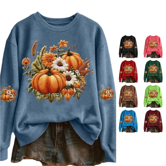 Halloween Edition Hoodless Sweatshirt for Wear Round Neck Long Sleeve Pullover Cozy Stylish Autumn Seasonal Top for Women Light Blue L