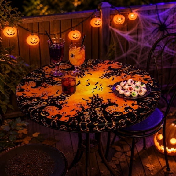 Halloween Elastic Fitted Tablecloth, 44-48 inch Stretch Table Cover, Waterproof Reusable Cloth with Pumpkin Skull Pattern, Spooky Decor for Dining Table and Holiday Party, C