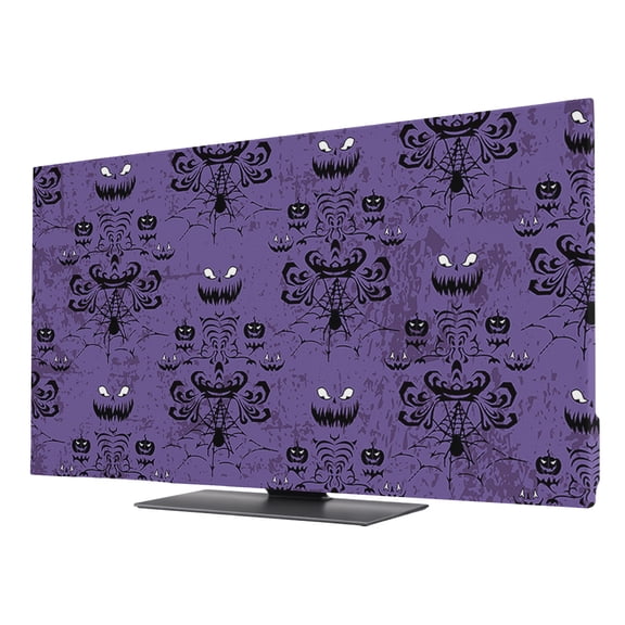 Halloween Elastic Indoor TV Cover 24" Dust Protector, Stretch Fabric Flat Screen TV Covers, Purple Black Haunted Ghost Fall Autumn Universal Washable Anti-scratch Cover for Curved LCD LED OLED TVs