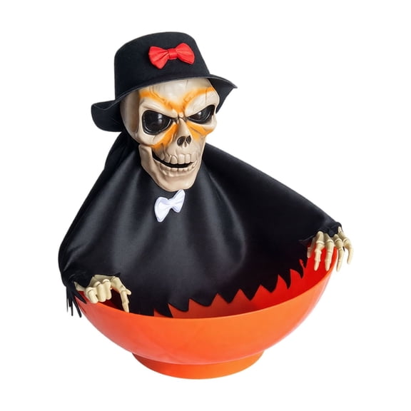 Halloween Electric Motion Sensor Candy Bowl, Light-Up Swinging Talking Skull Server, Head Retractable Party Prop for Home Trick-or-Treat Display