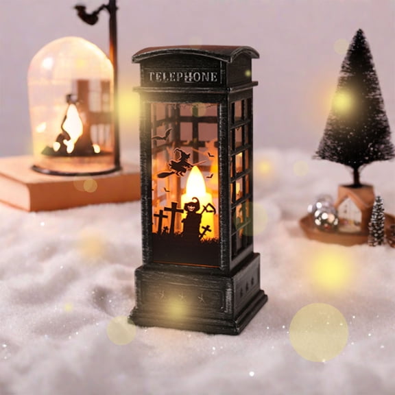 Halloween Electronic Candle Lights, 2 Pack Flickering Phone Booth Lanterns - Battery Operated Mini Tabletop Decor for Ghost Festival, Party, Home, Indoor and Outdoor Prop Arrangement