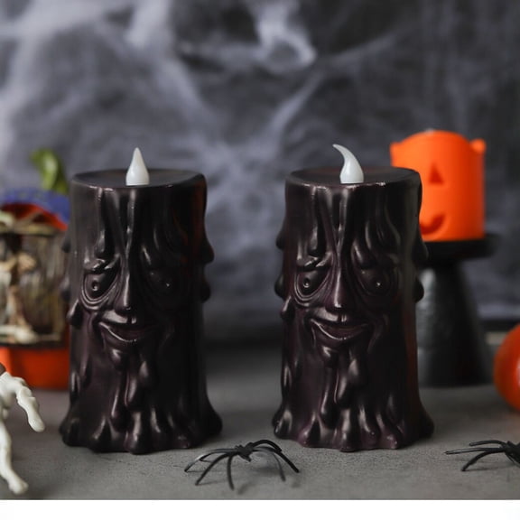 Halloween Electronic Candle Ornament with Red LED Light, Ghost Face Design for Indoor Scary Decor, Battery-Operated Prop for Party, Home, and Fireplace Display