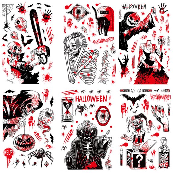 Halloween Electrostatic Window Decorations;Scary Skeleton and Clown Theme Stickers;Removable Bloodied Handprint Halloween Stickers;Double-Sided Adhesive Halloween Window Clings