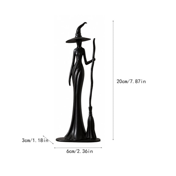 Halloween Elegant Black Witch Resin Style Plastic Figurine,Slim Witch with Hat and Broom Tabletop Statue for Mantel Shelf Gothic Indoor Decor