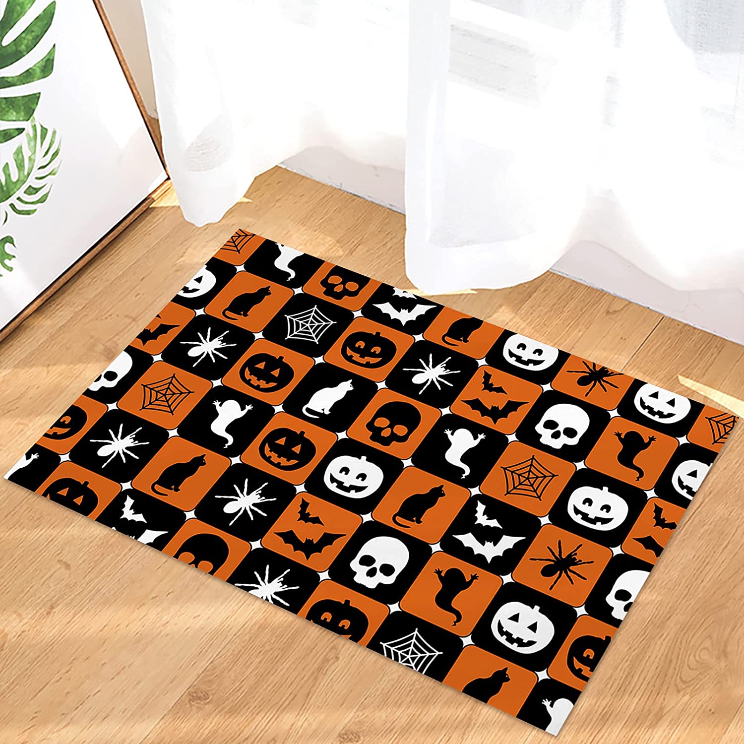 Halloween Elements Plaid Cat Bat Pumpkin Cobweb Orange Indoor Doormat