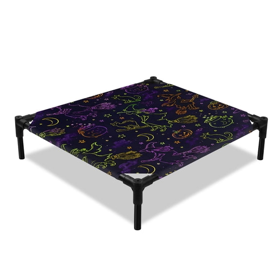 Halloween Elevated Dog Bed, Colorful Neon Witches Cauldrons Cats Brooms Stars Cooling Breathable Outdoor Raised Dog Cot Bed with Metal Frame Non-Slip Feet for Small Dog 20x20in