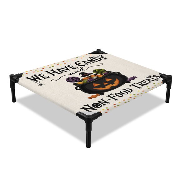 Halloween Elevated Dog Bed, Minimalist Black Cauldron Pumpkin Candy Linen Texture Cooling Breathable Outdoor Raised Dog Cot Bed with Metal Frame Non-Slip Feet for Small Dog 20x20in
