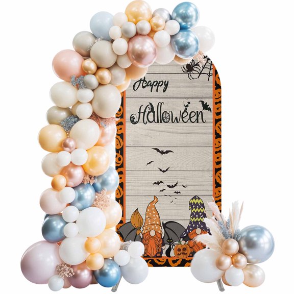 Halloween Elf Arch Backdrop Cover 7.2x4 Ft, Spandex Wedding Arch Stand Cover, Farmhouse Black Orange Bat Skull Pumpkins Round Top Stretch Fitted Background Covers for Birthday Ceremony Party Decor