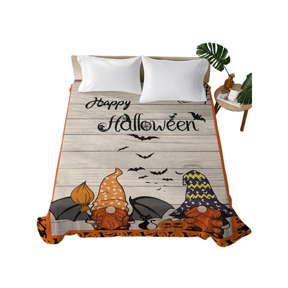 Halloween Elf Flat Sheet Only Twin Size, Soft Breathable Bed Top Sheets for Mattress, Farmhouse Black Orange Bat Skull Pumpkins Luxury Bedding Flat Sheets for Home Hotel Bedroom Bed Protection