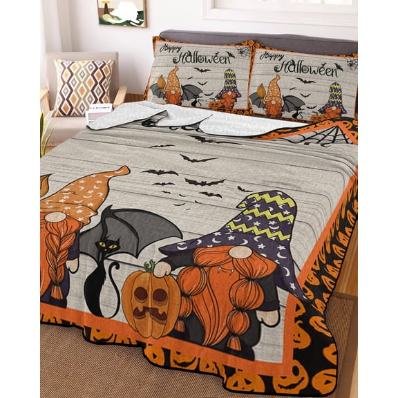 Halloween Elf,King Size Down Alternative Comforter,Lightweight Comforter Quilt Bedding Set with Pillow Shams Farmhouse Black Orange Bat Skull Pumpkins All Seasons Bed Comforter Duvet Insert 96"x106"
