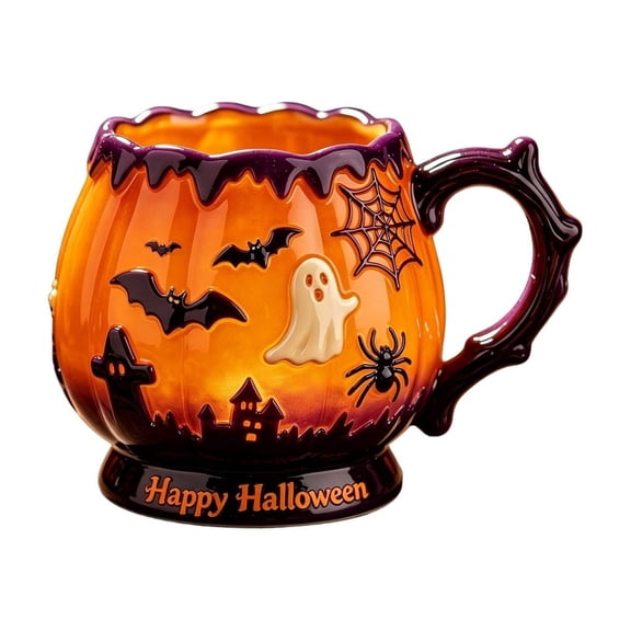 Halloween Embossed Ceramic Mug 300ml, Spooky Ghost Pumpkin Coffee Cup for Party, Hot Cocoa, Themed Gift