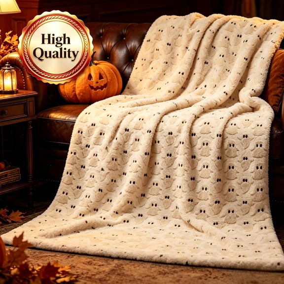 Halloween Embossed Ghost Fuzzy Throw Blanket, Soft Plush Halloween Ghost Pattern Decorative Blanket, Cozy Polyester Mink Blanket For Couch Sofa Bed, Spooky Season Indoor Halloween Home Decorations