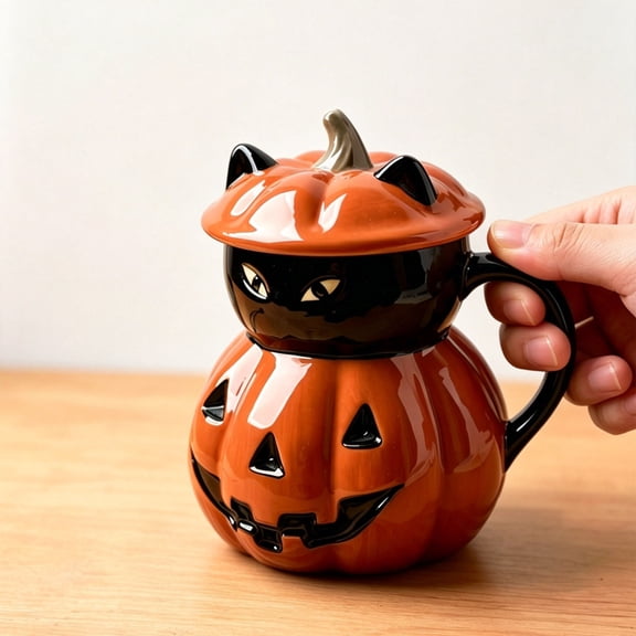 Halloween Embossed Pumpkin Ghost Ceramic Mug with Matching Lid,Cute Spooky Fall Coffee Tea Hot Cocoa Cup for Home,Office,Holiday Gift