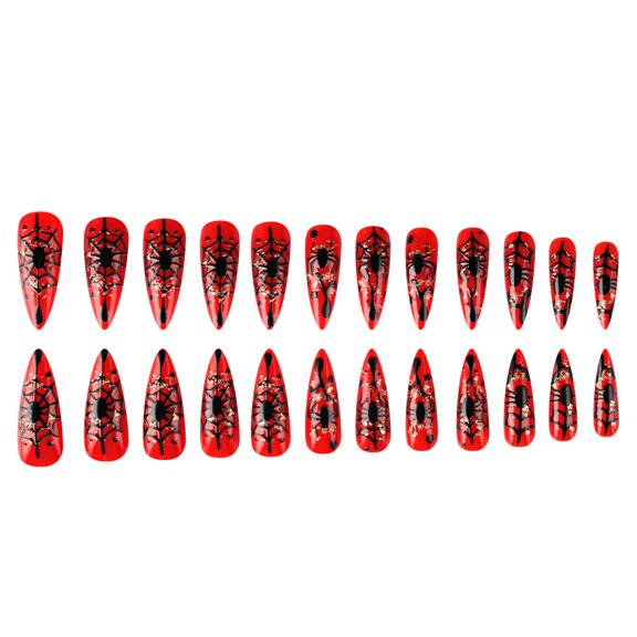 Halloween Embossed Spider Web Press On Nails Gothic Statement Fake Nails Red Acrylic 1 Set