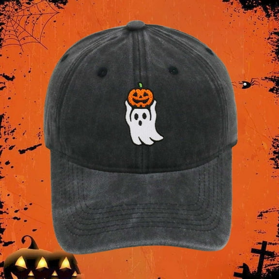 Halloween Embroidered Baseball Cap, Distressed Dad Hat with Owl and Pumpkin Design, Adjustable Unisex Cap for Outdoor Activities, Halloween Parties and Festive Autumn Events