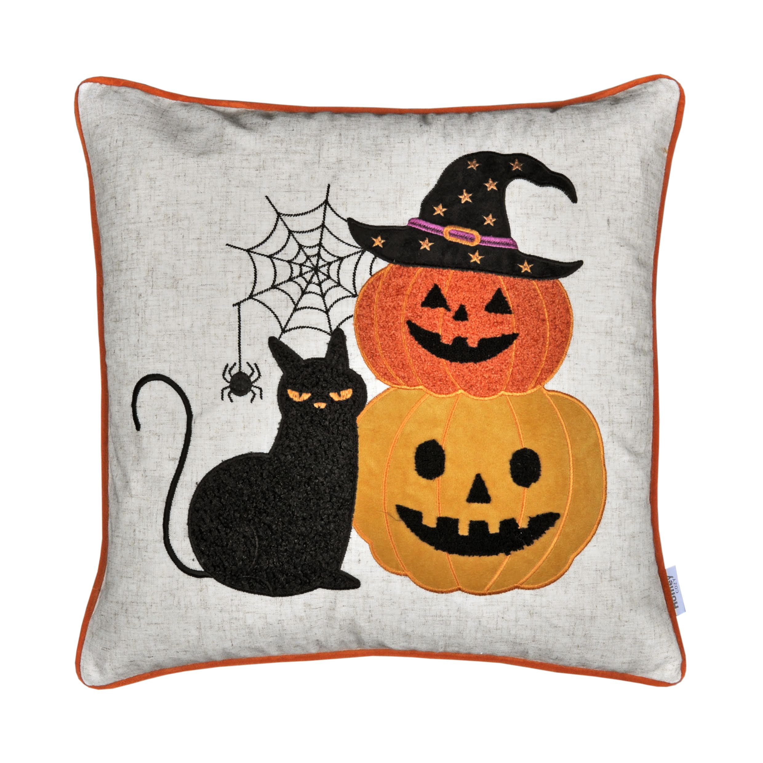 Halloween Embroidered Black Cat Throw Pillow 20x20 Inch Linen-Look Fabric for Sofa Bed Seasonal Decor