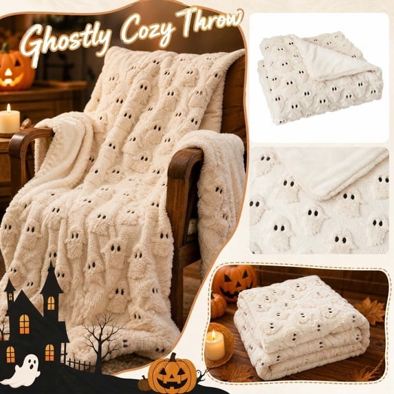 Halloween Embroidered Faux Fur Throw Blanket, Cozy Warm Fall Decorative Blanket for Couch Sofa Bed, Soft Plush Seasonal Home Accent with Spooky Embroidery,39.4"*51.2",Ghost
