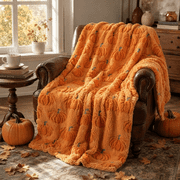 Halloween Embroidered Faux Fur Throw Blanket, Halloween Decorative Blanket, Cozy Warm Blanket for Couch Sofa Bed, Soft Seasonal Decorative Home Accent Pumpkin,30" x 40"