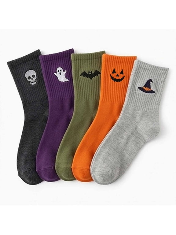 Halloween Embroidered Mid-Calf Socks Thick Knitted Cozy Warm Stockings | Unisex Cute And Cozy Spooky Season Double Sided Embroidery Featuring Ghosts Skulls Pumpkins Bats And Witch Hats Leggings Sock