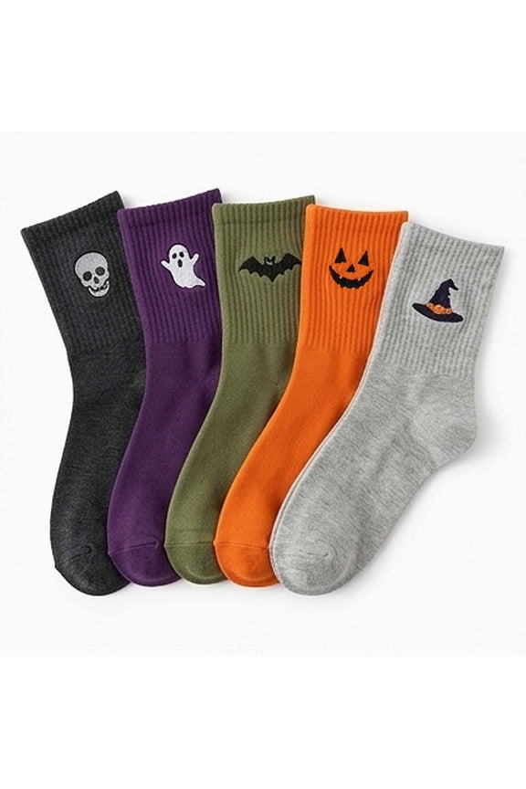 Halloween Embroidered Mid-Calf Socks Thick Knitted Cozy Warm Stockings | Unisex Cute And Cozy Spooky Season Double Sided Embroidery Featuring Ghosts Skulls Pumpkins Bats And Witch Hats Leggings Sock