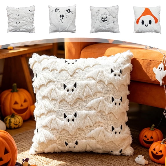Halloween Embroidered Pumpkin Ghost Throw Pillow Cover, 18x18 Farmhouse Cushion Case, Soft Polyester, Hidden Zipper, Fall Decor for Sofa Bed by MPOISVA