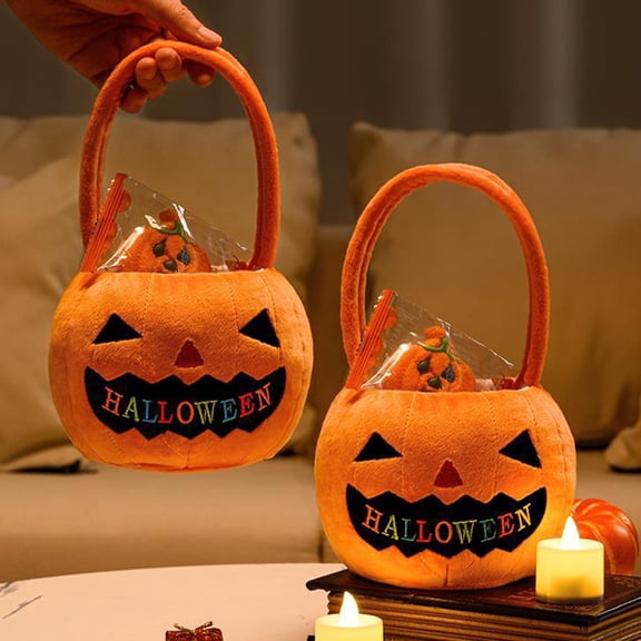 Halloween Embroidered Pumpkin Plush Candy Bag, Soft Fluffy Trick or Treat Tote Sack, Reusable Goodie Bag for Halloween Party Costume Dress up Holiday Event, Orange