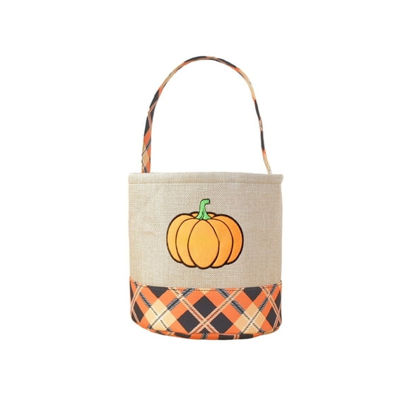 Halloween Embroidered Storage Basket, 9" Linen-Style Pumpkin & Ghost Candy Bucket with Handle, Foldable Trick-or-Treat Basket for Kids & Home Décor