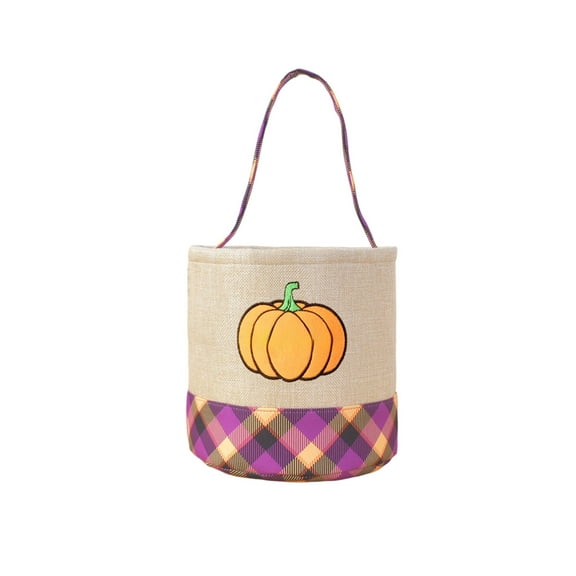 Halloween Embroidered Storage Basket, 9" Linen-Style Pumpkin & Ghost Candy Bucket with Handle, Foldable Trick-or-Treat Basket for Kids & Home Décor