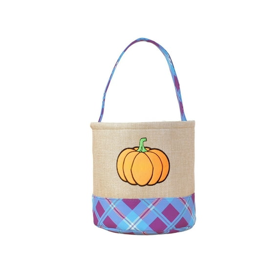 Halloween Embroidered Storage Basket, 9" Linen-Style Pumpkin & Ghost Candy Bucket with Handle, Foldable Trick-or-Treat Basket for Kids & Home Décor